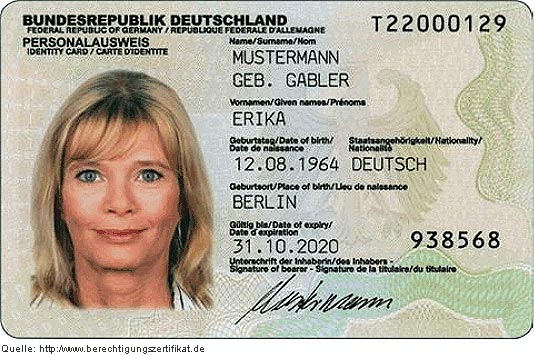 Vorderseite des neuen elektronischen Personalausweises (Perso-Vorderseite)